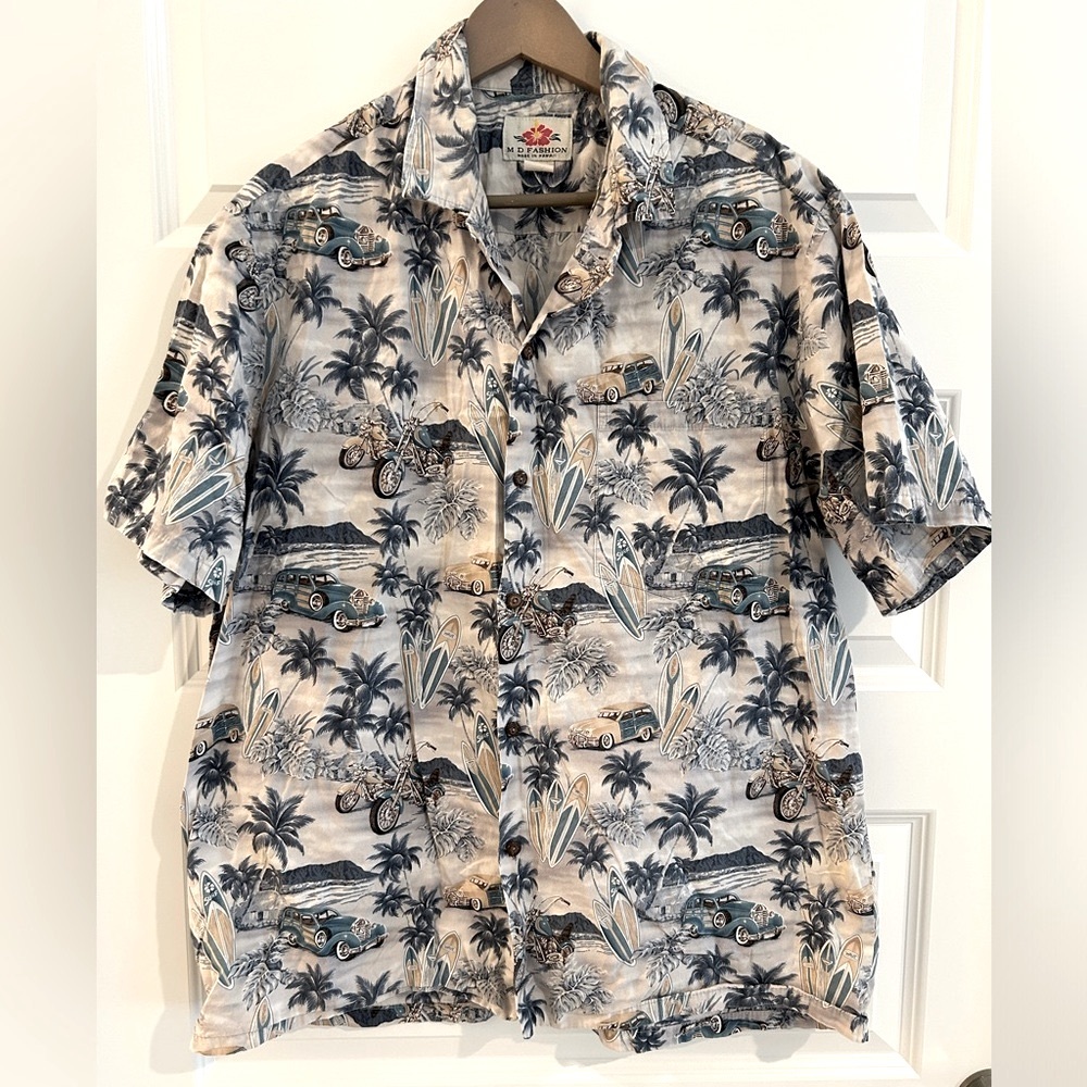 Men’s Vintage Hawaiian Shirt Surfboards White Gray Size XL